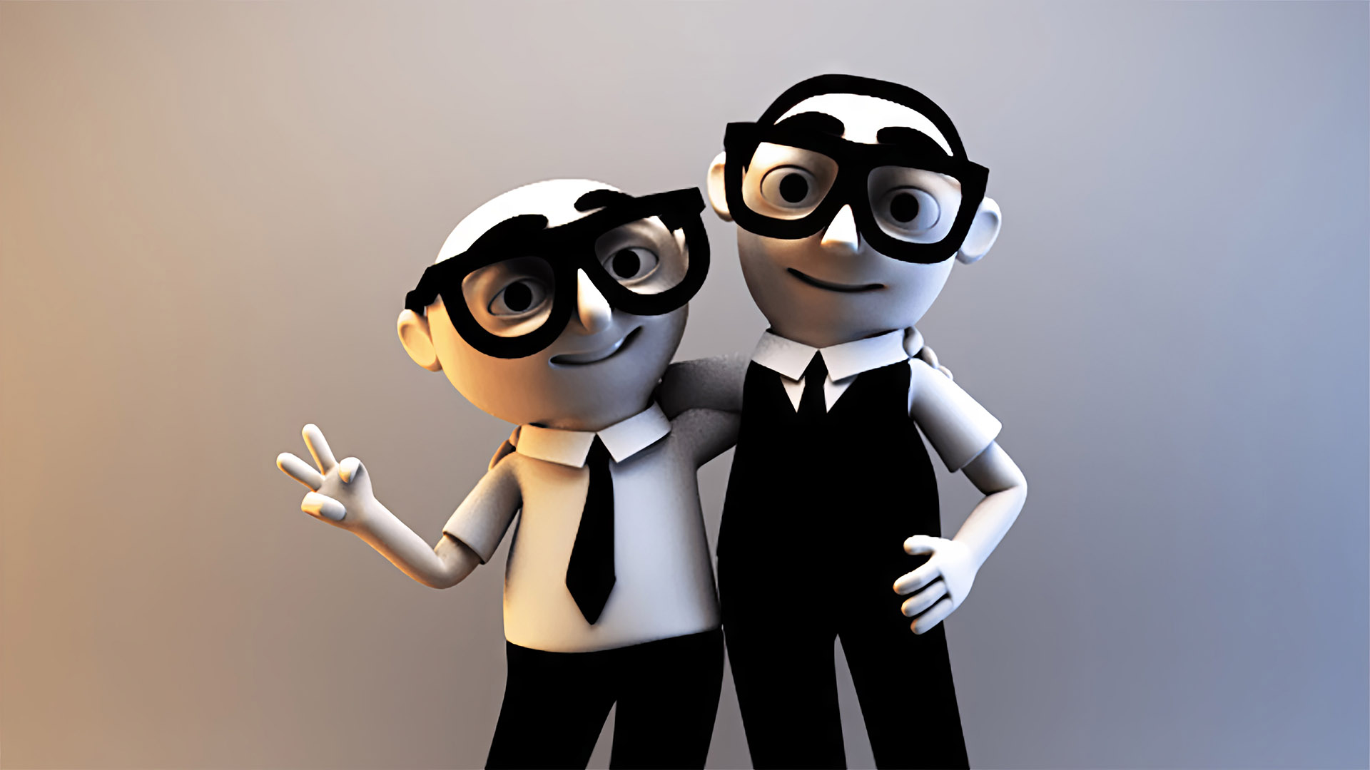 DG_Pose_01 3D Dolce & Gabbana characters pose side by side, smiling and gesturing peace.