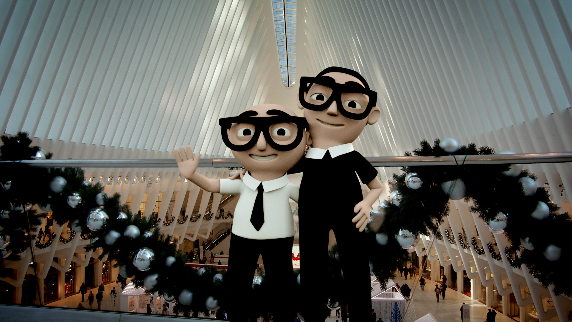 DG_Pose_03 3D Dolce & Gabbana characters wave from a holiday-decorated balcony at The Oculus.