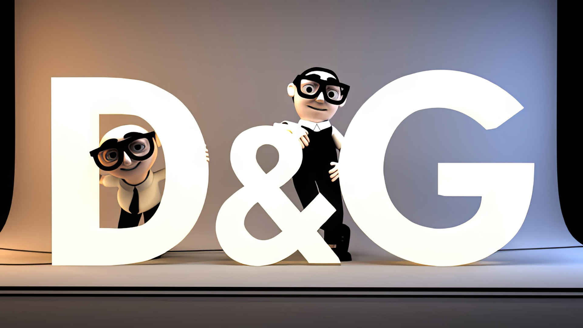 DG_Pose_04 3D cartoon characters of Dolce & Gabbana pose inside oversized glowing “D&G” letters.