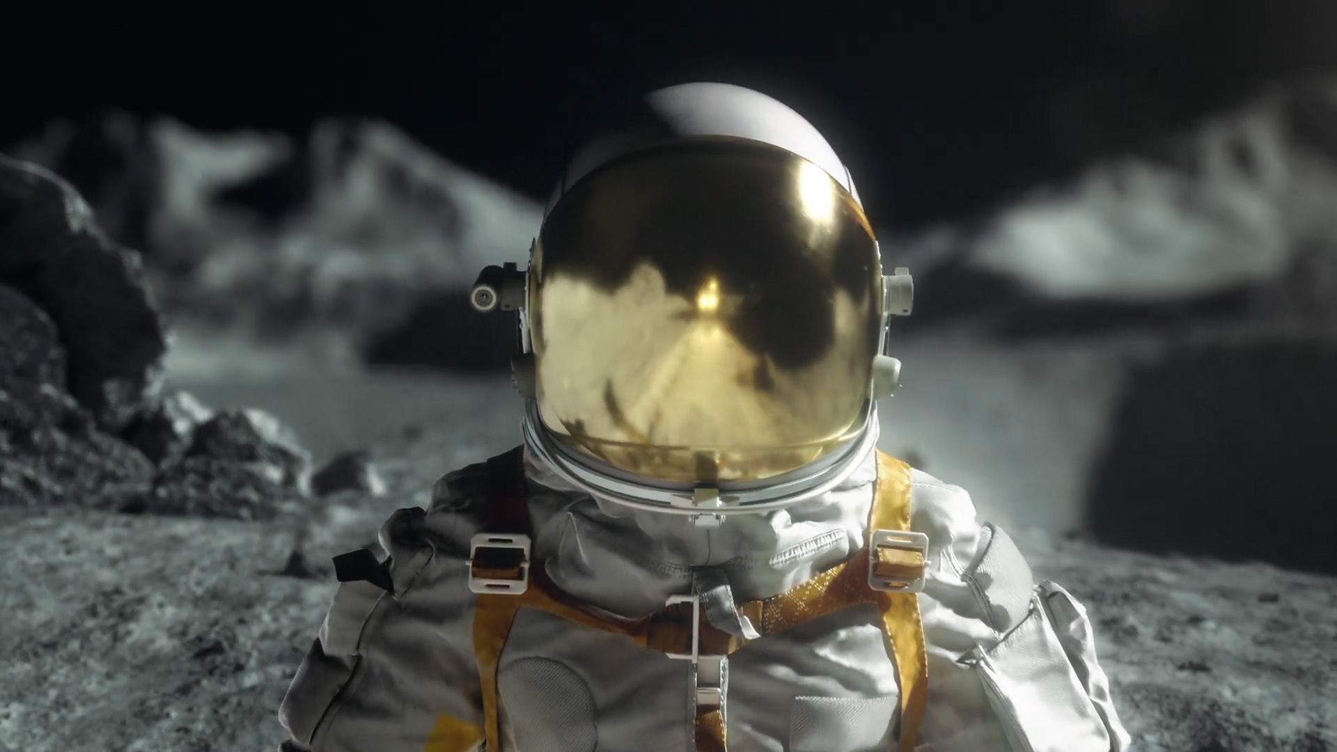 IMA_Gallery_04 Close-up of an astronaut’s golden helmet reflecting the Moon’s surface.