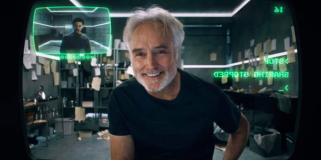 Bradley Whitford smiling in a dystopian digital interface scene from the film SHARE?